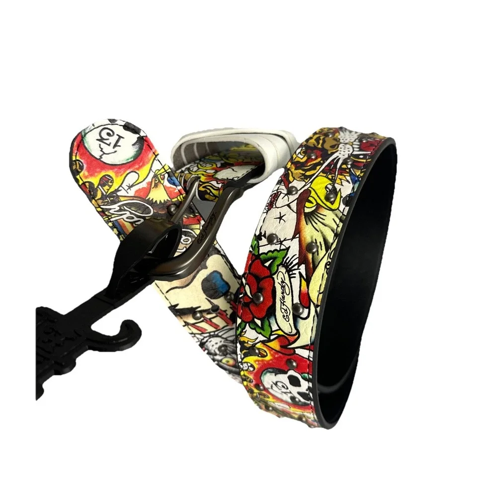 Ed Hardy Men's Skull Tiger Panther Print Belt With Hammered Rivet Studs SZ 42 NW